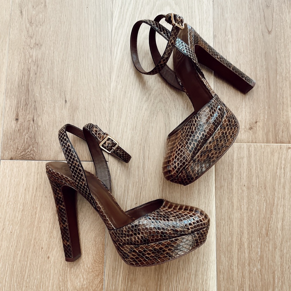 Tory Burch Esther Platform Sling back Heel Snake Brown Quiet Luxury Glam 6